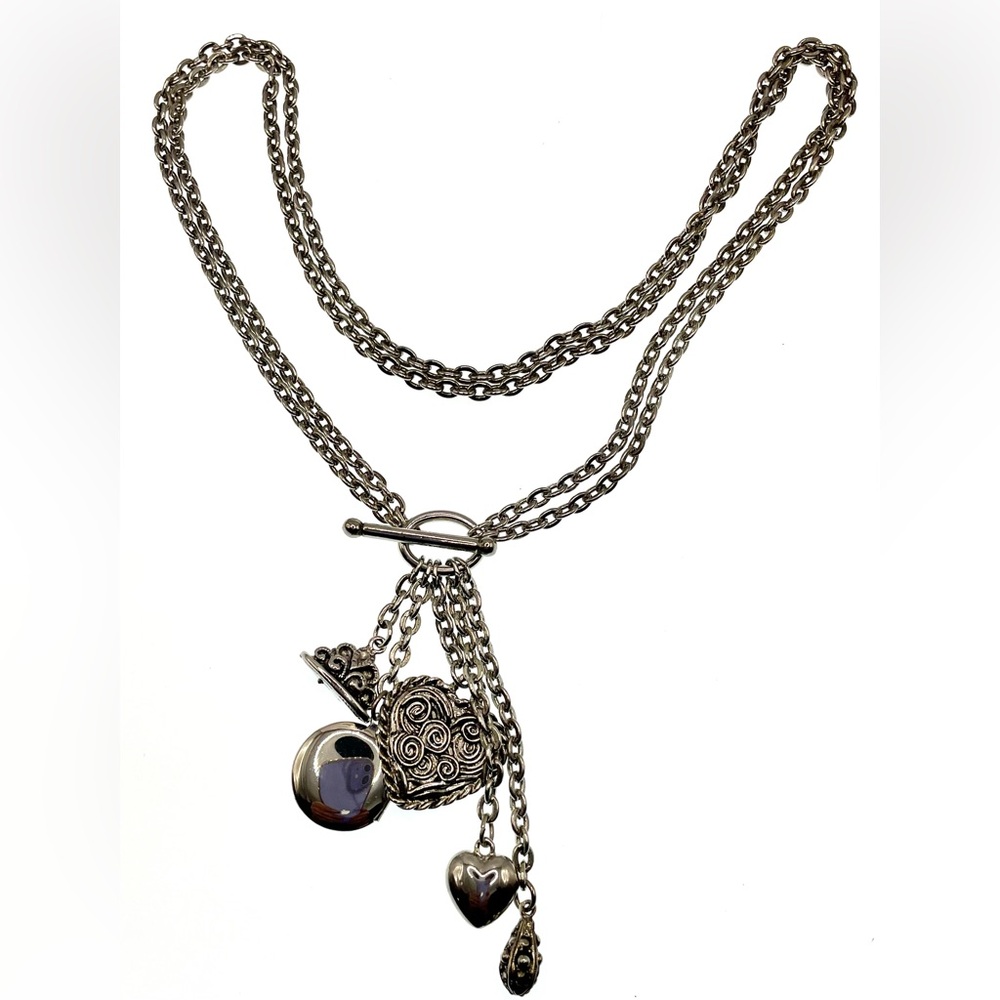 Silver Tone Double Chain Necklace Choker with Dangling Charms and Locket - Picture 1 of 8
